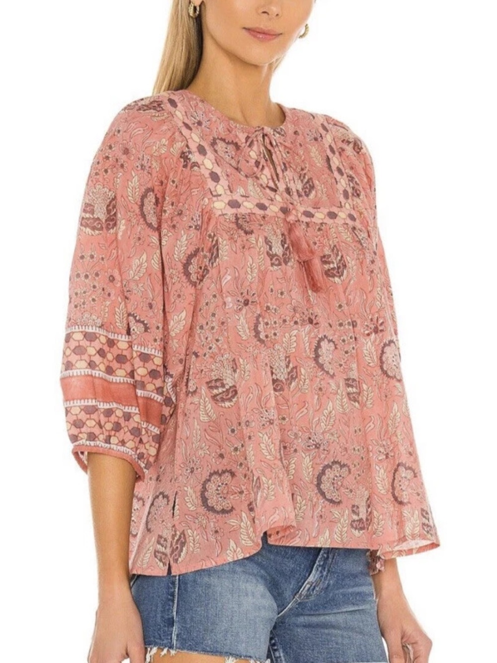 NWT Cleobella Amaryllis Pink Boho Top Sz XS Tassel Paisley Organic Cotton